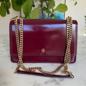 Tory Burch Emerson Burgundy Red Patent Leather Convertible Chan Shoulder Bag